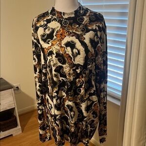 Abstract Swirl Smiley Face Long Sleeve Top - Black, White & Brown